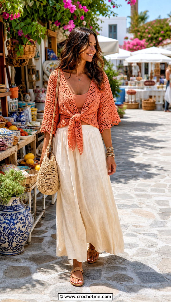 Tie Front Crochet Top With Maxi Skirt - 35 crochet top for summer outfit ideas
