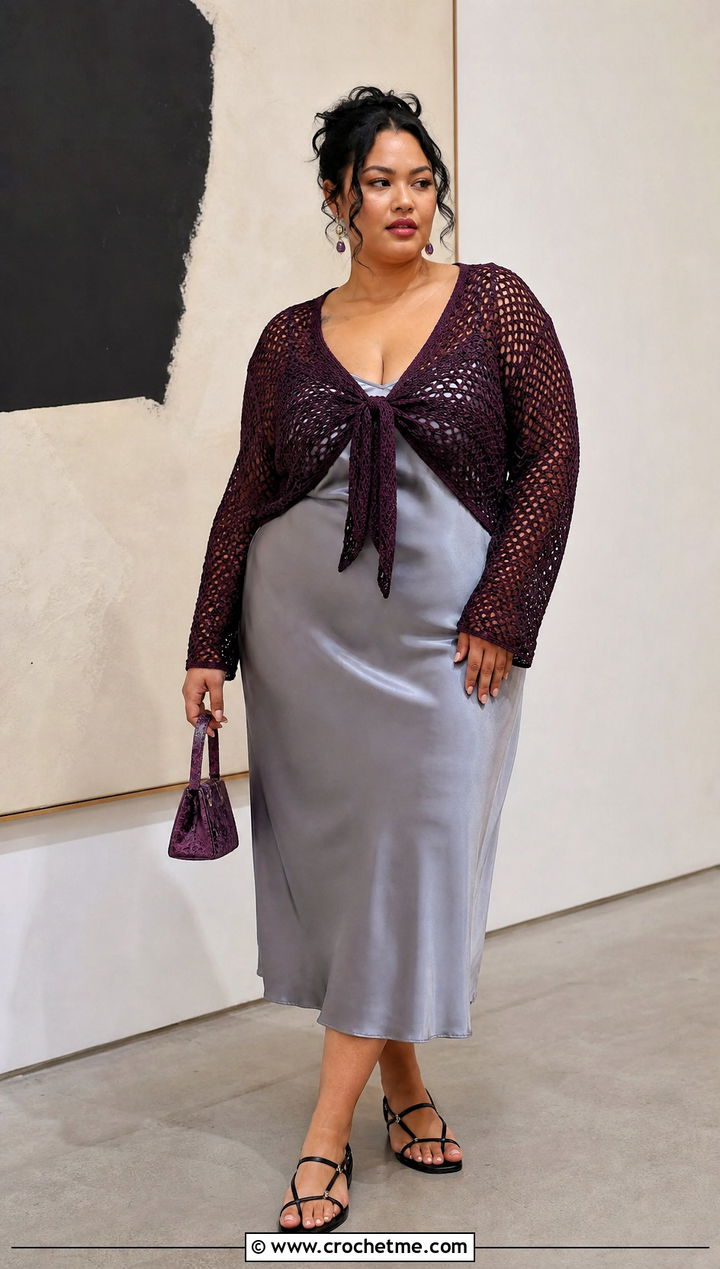 Tie Front Crochet Top With Slip Dress - 35 plus size crochet top outfit ideas