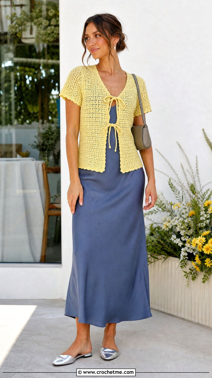 Tie Front Crochet Top With Slip Dress - 35 styling crochet tops outfit ideas