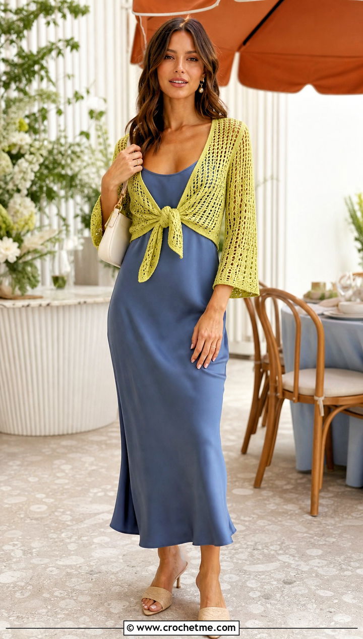 Tie Front Crochet Top With Slip Dress - 25 vintage crochet tops outfit ideas