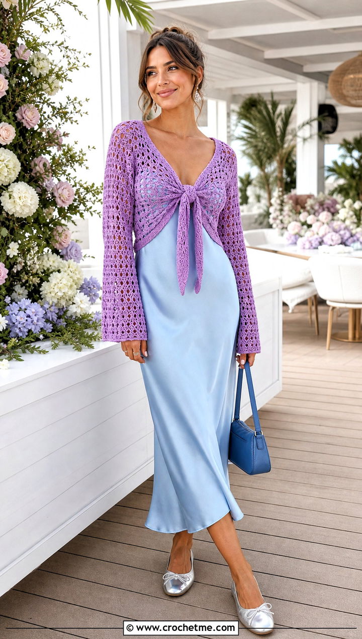 Tie Front Crochet Top With Slip Dress - 35 crochet spring tops outfit ideas