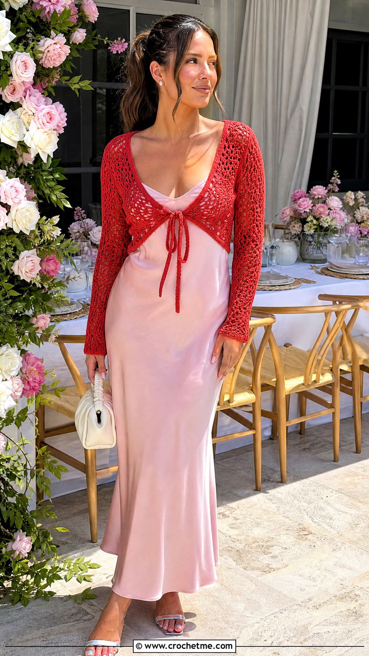 Tie Front Crochet Top With Slip Dress - 35 easy crochet tops outfit ideas