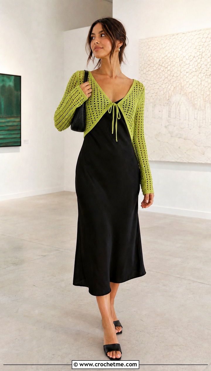 Tie Front Crochet Top With Slip Dress - 30 beginner crochet top outfit ideas