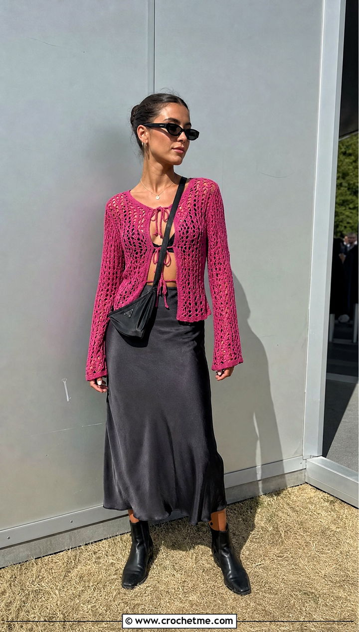 Tie Front Crochet Top With Slip Skirt - 20 Festival Crochet Top outfit ideas