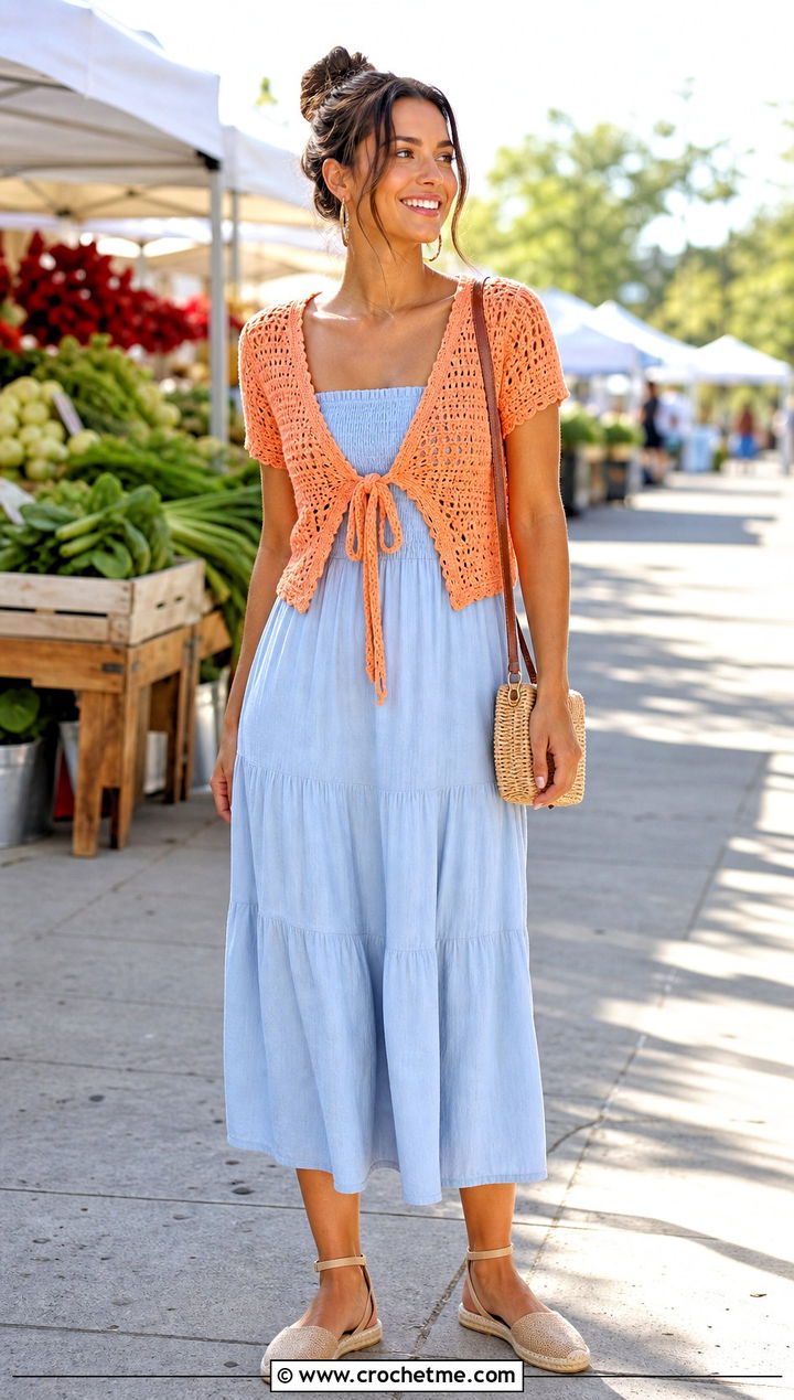 Tie Front Crochet Top With Smocked Dress - 25 Dresses With Crochet Top outfit ideas