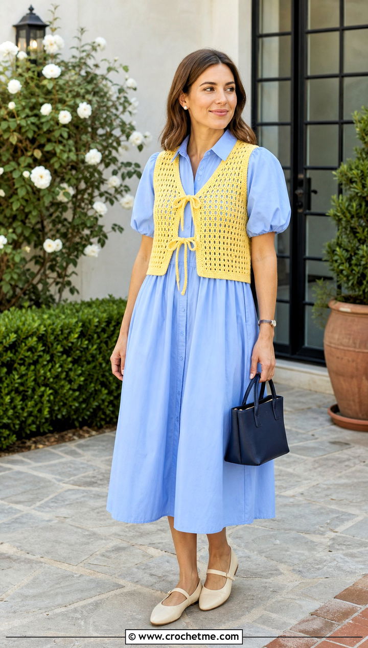 Tie Front Crochet Vest With Poplin Dress And Flats - 15 modern crochet vest outfit ideas