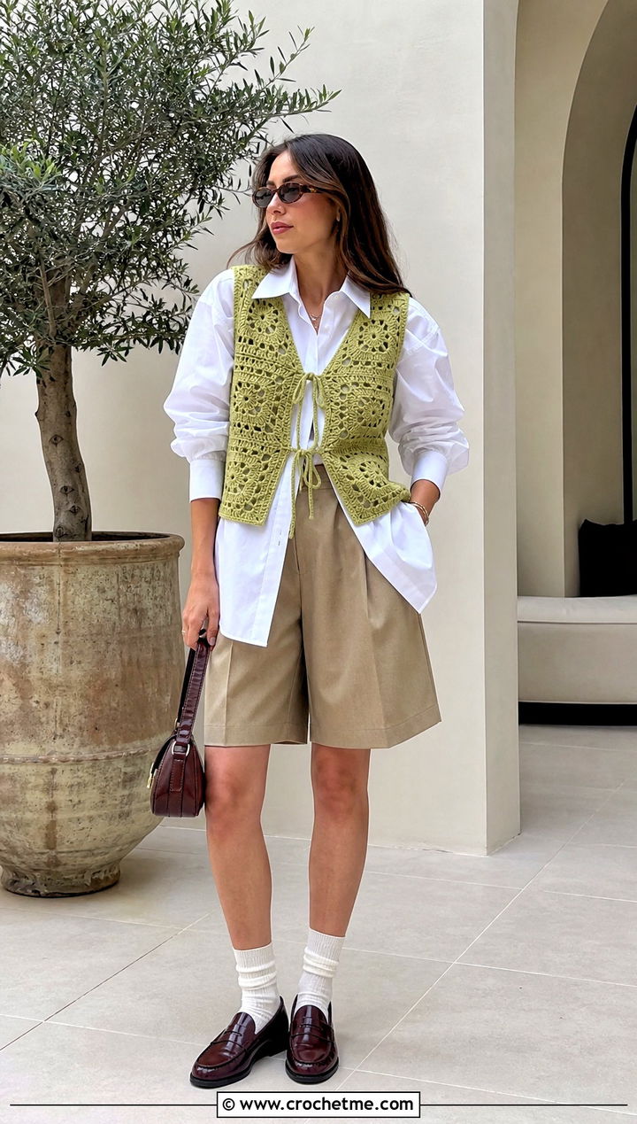 Tie Front Crochet Vest With Poplin Shirt And Shorts - 35 crochet vintage top outfit ideas