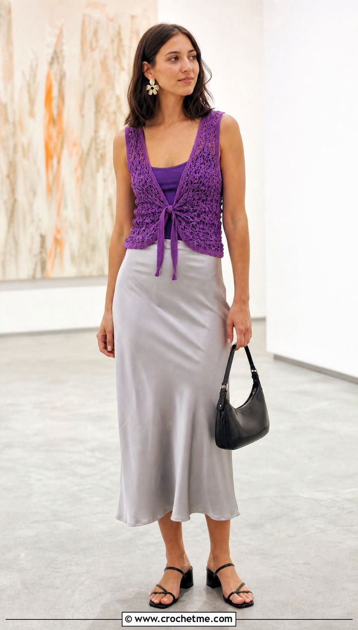 Tie Front Crochet Vest With Satin Midi Skirt - 15 Boho Style Crochet Vest outfit ideas
