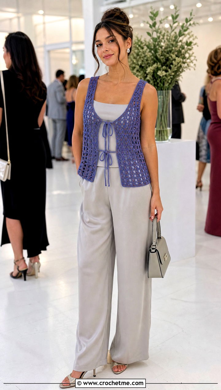 Tie Front Crochet Vest With Satin Pants - 35 crochet vest outfits for women outfit ideas