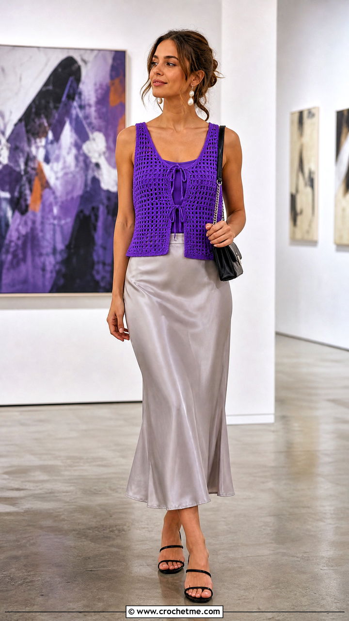 Tie Front Crochet Vest With a Satin Midi Skirt - 35 boho crochet vest outfit ideas
