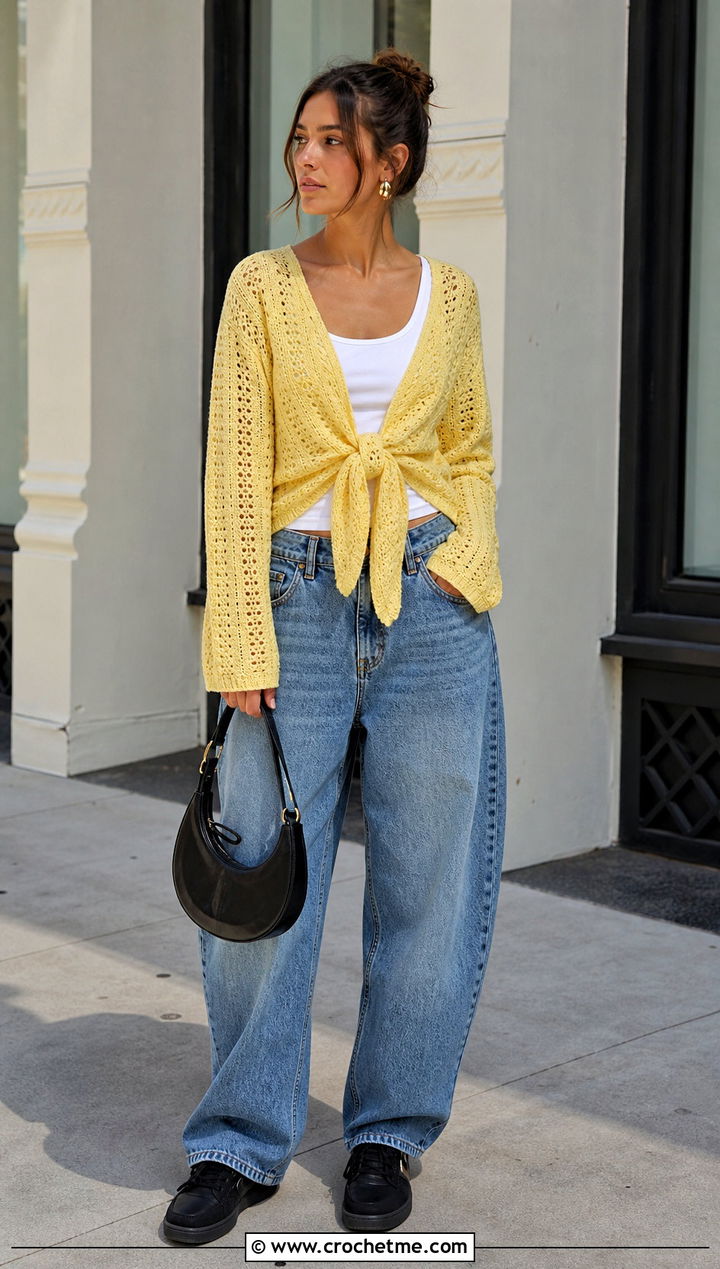 Tie Front Crochet Wrap Sweater With Barrel Jeans - 35 crochet wrap sweater outfit ideas