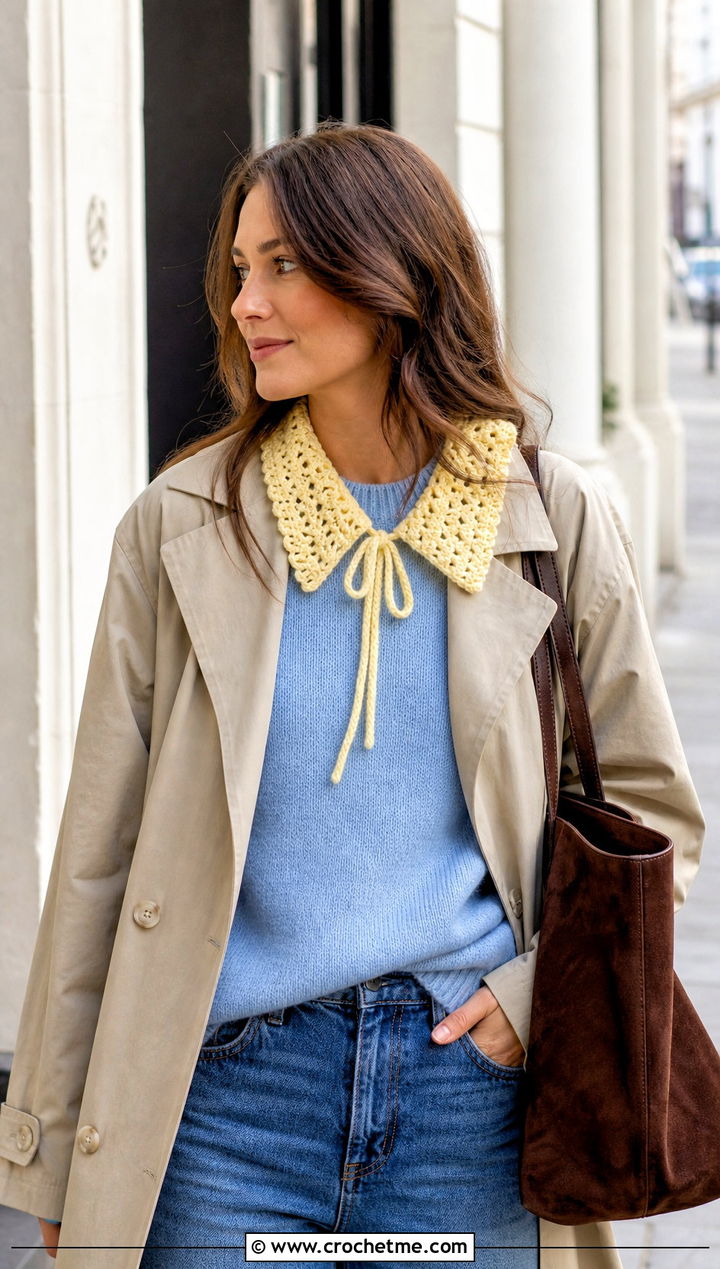 Tie Front Crocheted Collar With Trench Coat And Straight Jeans - 15 Crocheted Collars outfit ideas
