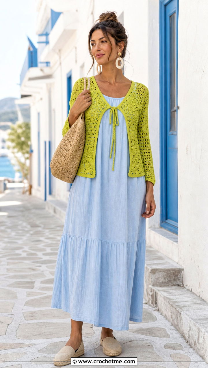Tie Front Crop Crochet Top With Cotton Maxi Dress - 35 crop crochet top outfit ideas