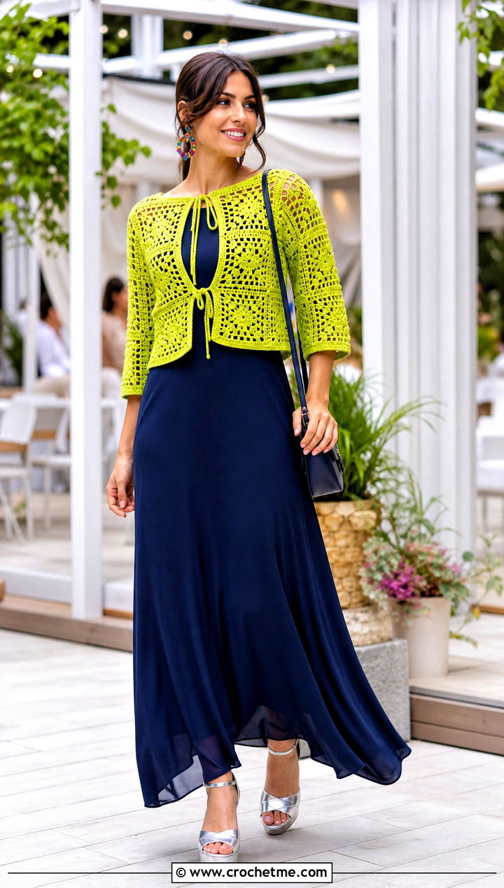 Tie Front Cropped Granny Square Cardigan With Maxi Dress - 20 Cropped Granny Square Cardigan outfit ideas
