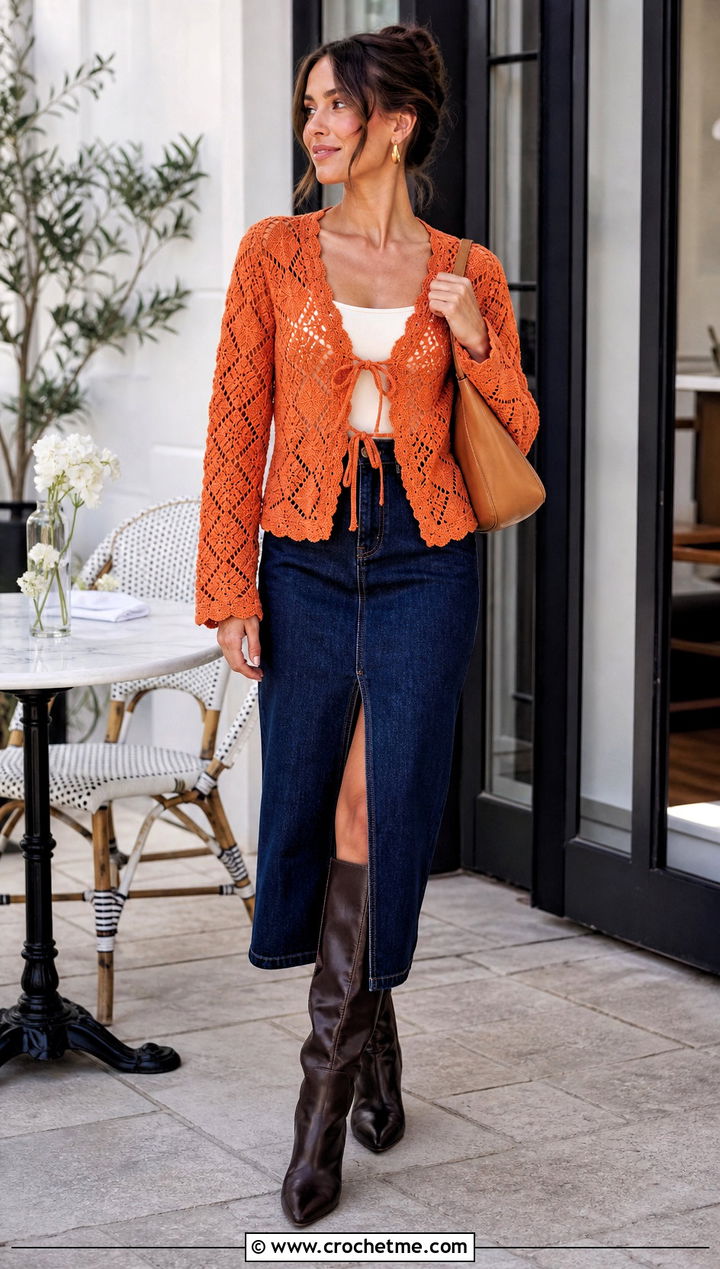 Tie Front Diamond Crochet Cardigan With Denim Midi Skirt - 30 diamond crochet cardigan outfit ideas