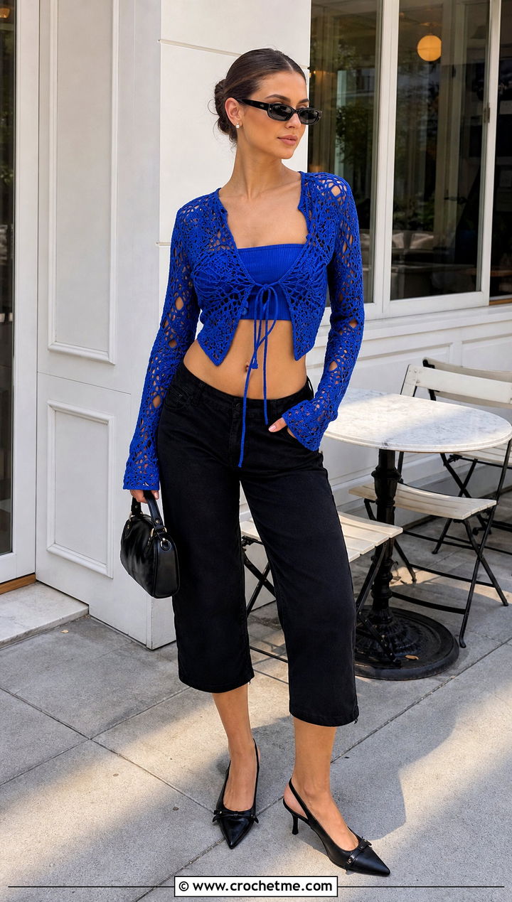 Tie Front Distressed Crochet Top With Capri Pants - 35 Distressed Crochet Top outfit ideas