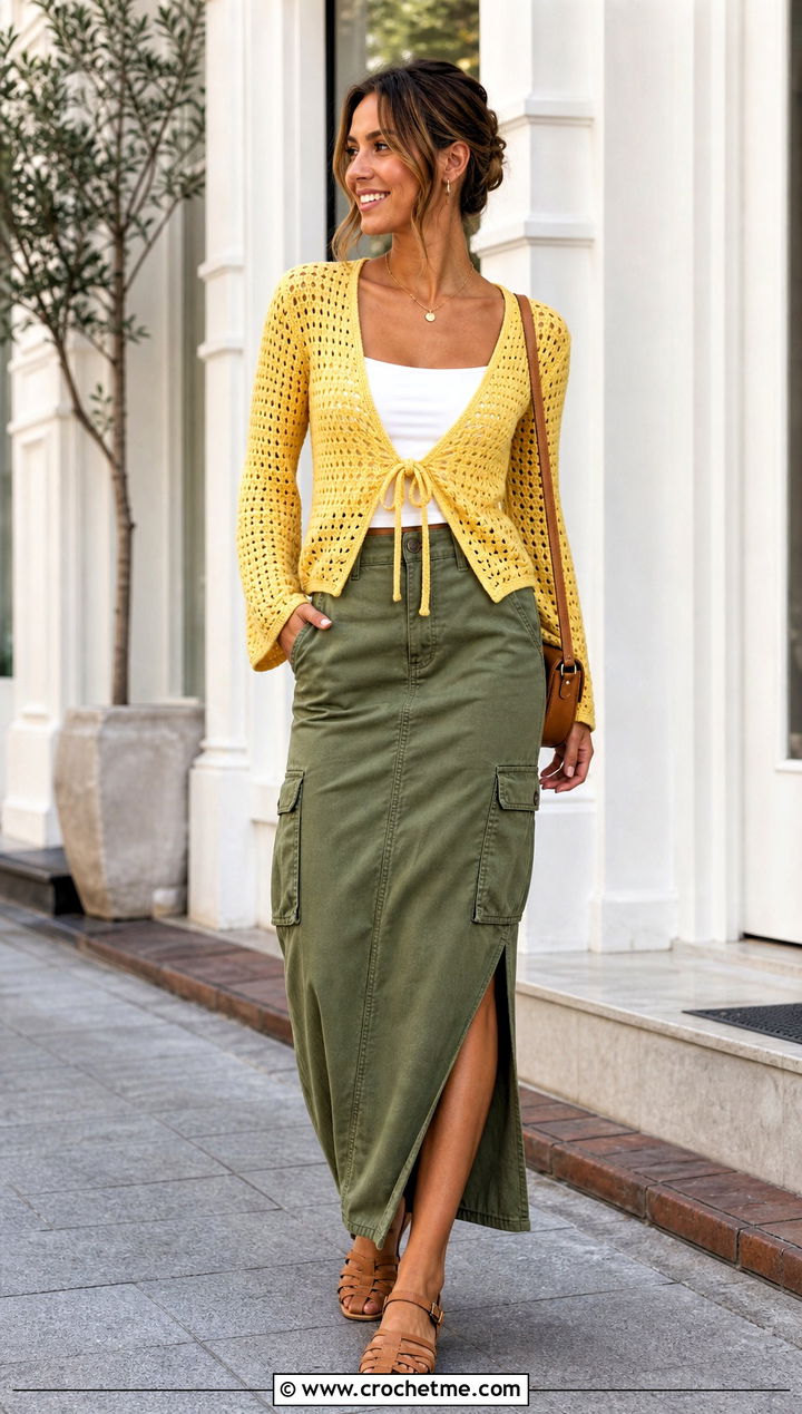 Tie Front Filet Crochet Cardigan With a Cargo Maxi Skirt - 25 filet crochet cardigan outfit ideas