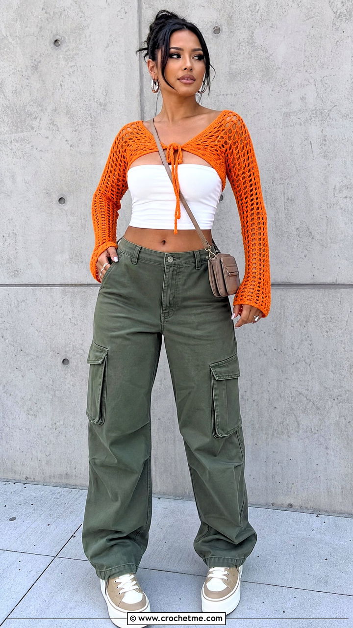 Tie Front Fishnet Shrug With Tube Top And Cargo Pants - 35 crochet fishnet shrug outfit ideas
