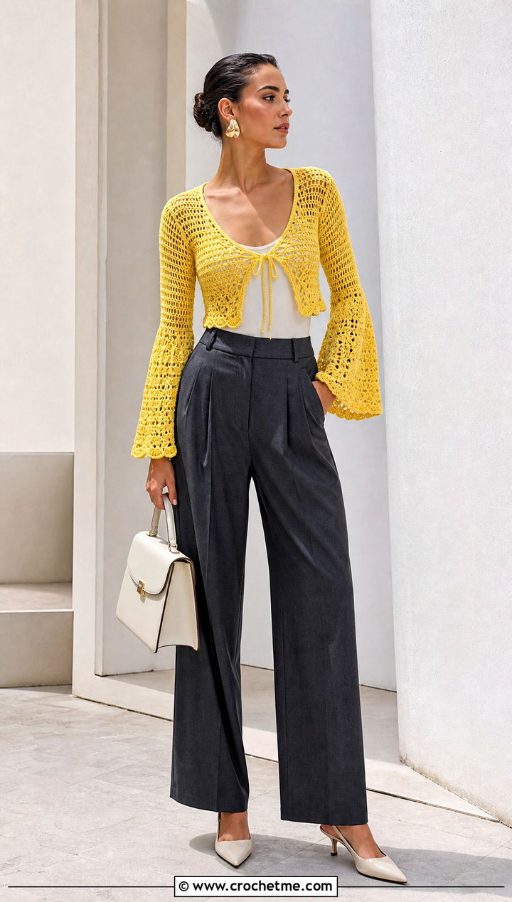 Tie Front Flare Sleeve Crochet Top With Tailored Trousers - 20 Crochet Top With Flare Sleeves outfit ideas