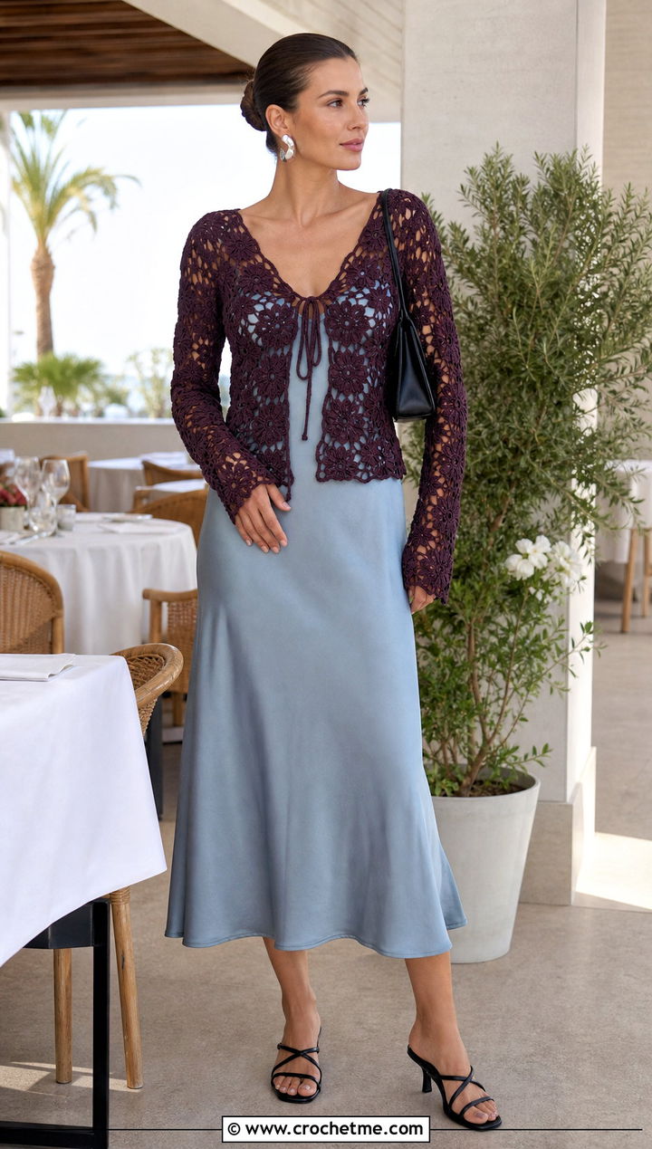 Tie Front Floral Crochet Blouse Over A Slip Dress - 15 floral crochet blouse style outfit ideas