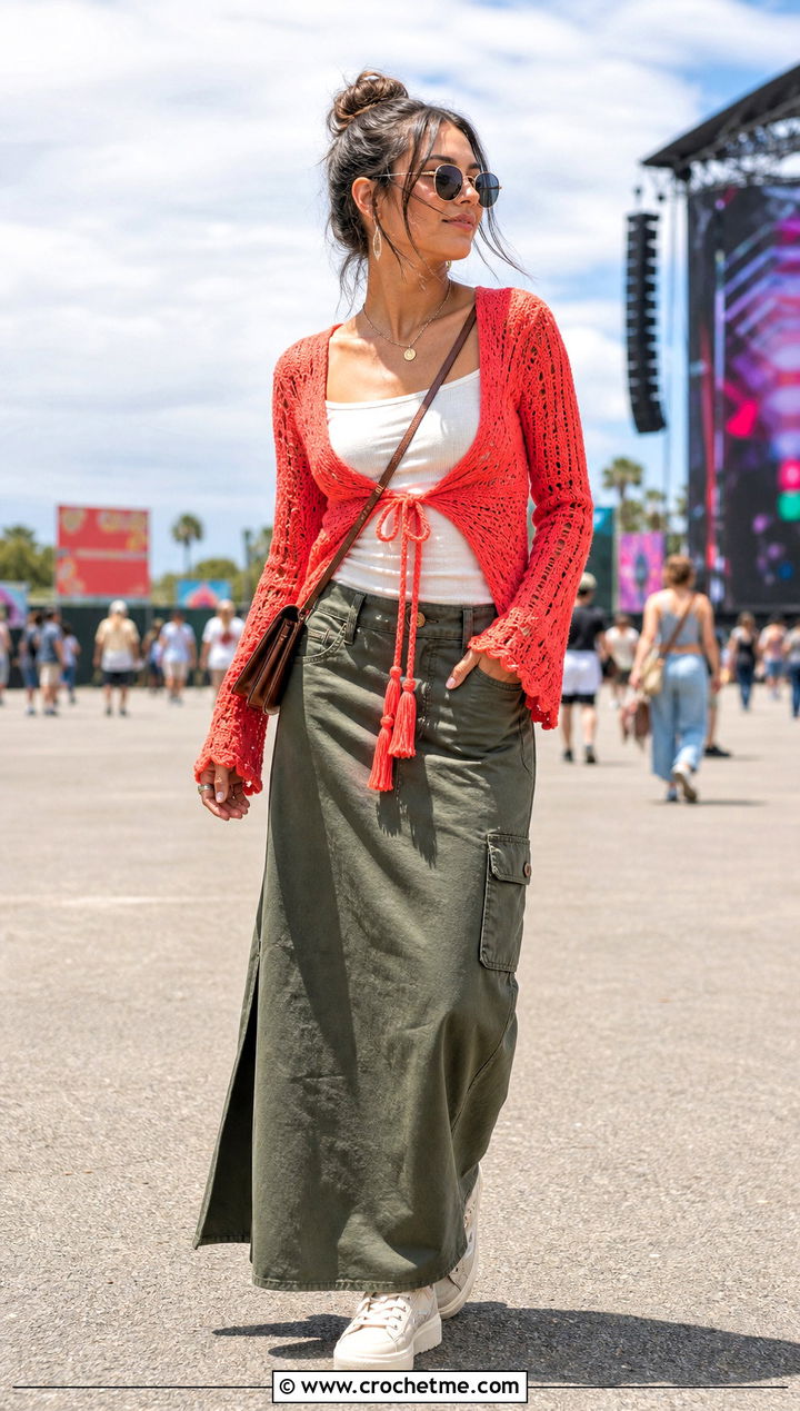 Tie Front Folklore Crochet Cardigan With Cargo Maxi Skirt - 30 folklore crochet cardigan outfit ideas