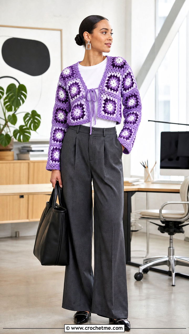 Tie Front Granny Square Bolero With Wide Leg Trousers - 35 granny square bolero outfit ideas