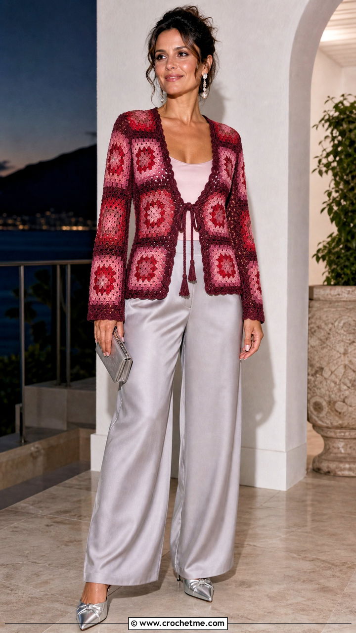 Tie Front Granny Square Cardigan With Silk Trousers - 35 crochet granny square cardigan outfit ideas
