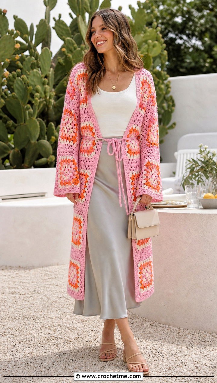 Tie Front Granny Square Duster With Midi Skirt - 35 granny square duster outfit ideas
