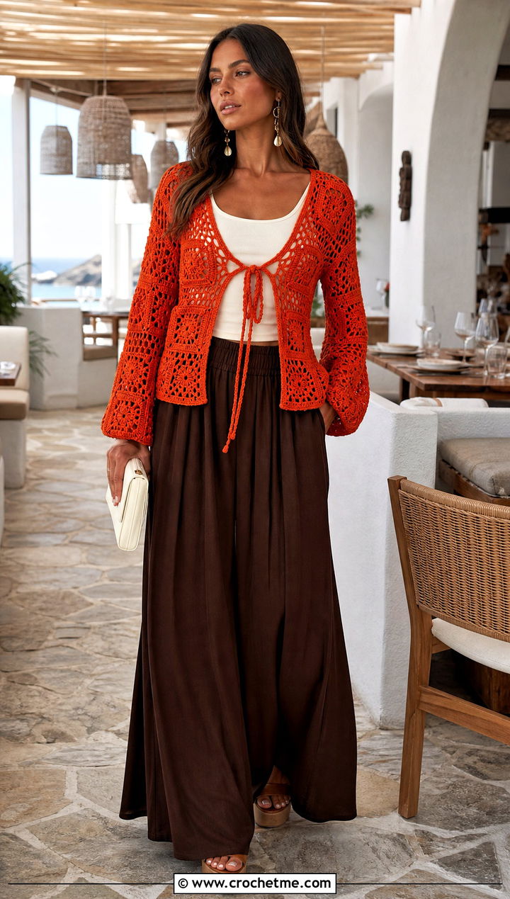 Tie Front Granny Square Long Sleeve Top With Palazzo Pants - 20 Granny Square Long Sleeve Top outfit ideas