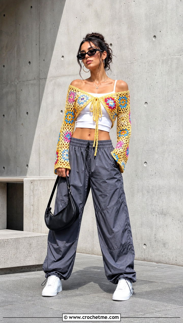 Tie Front Granny Square Off The Shoulder Top With Parachute Pants - 25 Granny Square Off The Shoulder Top outfit ideas
