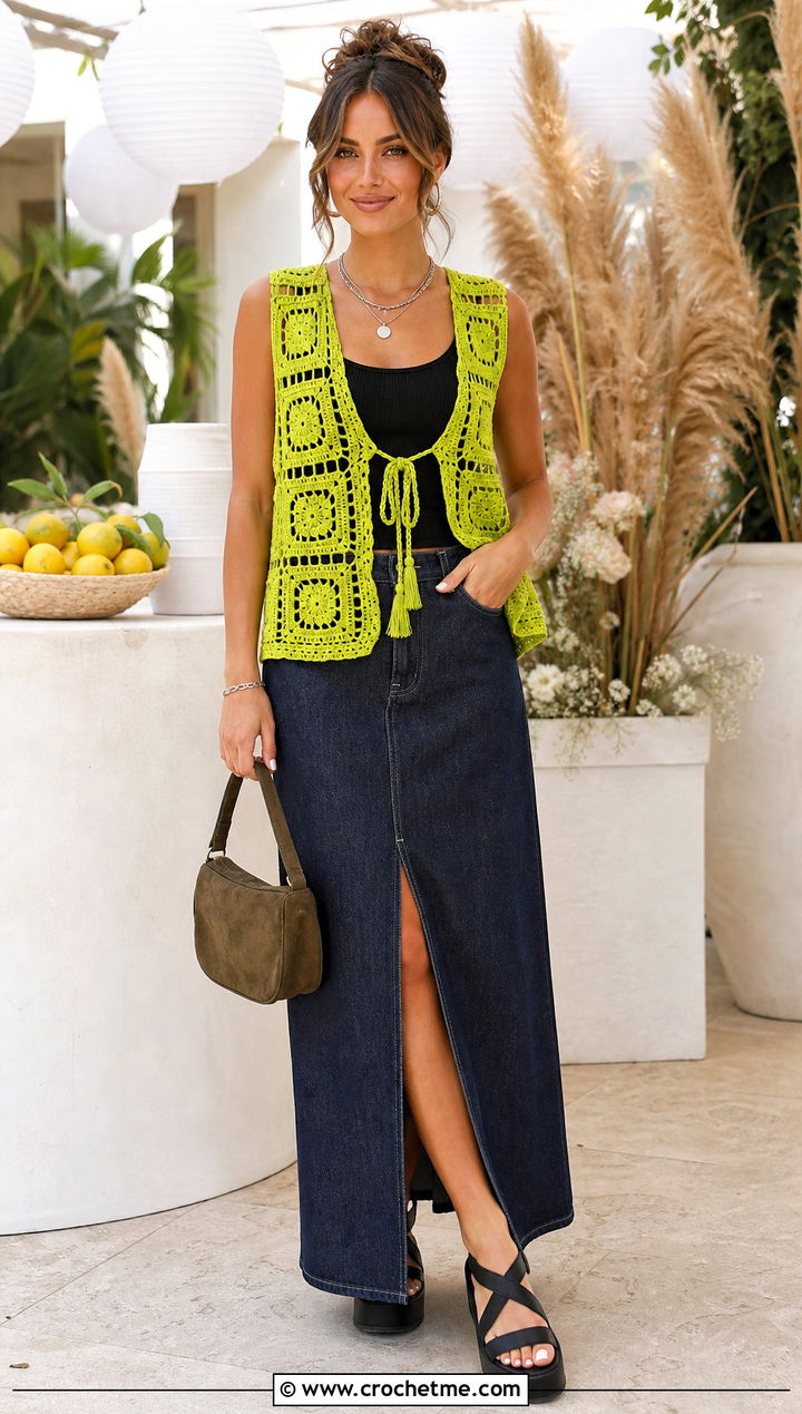 Tie Front Granny Square Open Vest With Denim Maxi Skirt - 25 granny square open vest outfit ideas