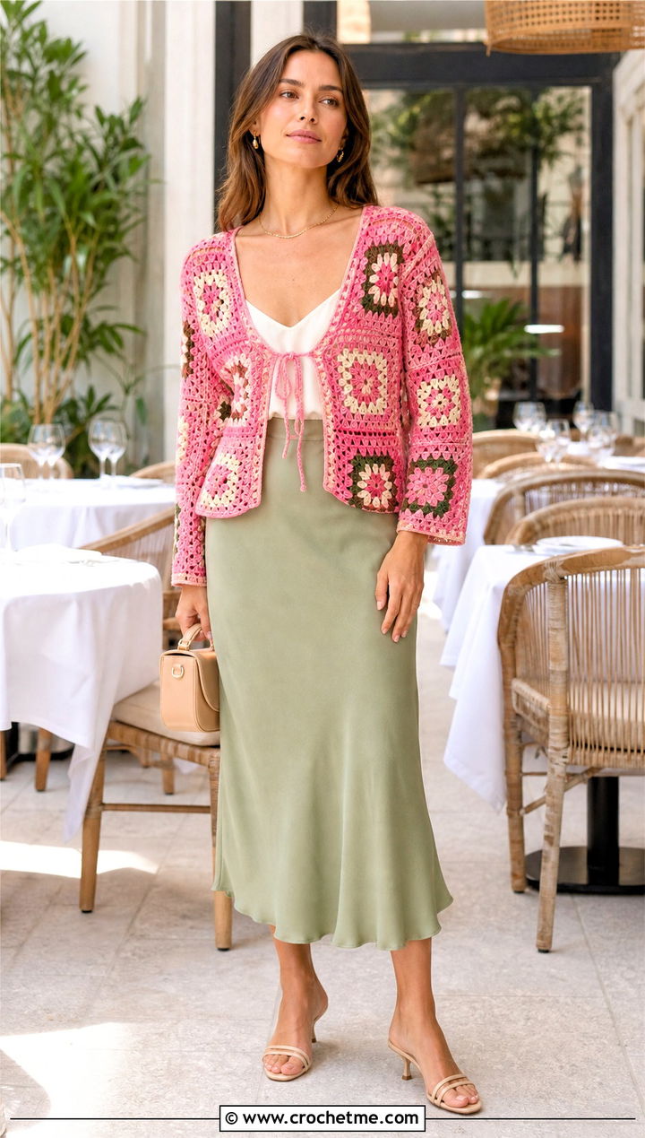 Tie Front Granny Square Patchwork Cardigan With Bias Cut Skirt - 30 Granny Square Patchwork Cardigan outfit ideas