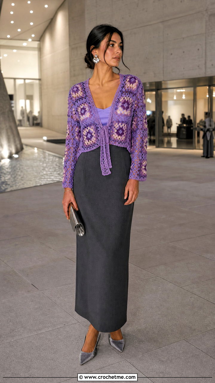 Tie Front Granny Square Shirt With Tailored Maxi Skirt - 35 granny square shirt outfit ideas
