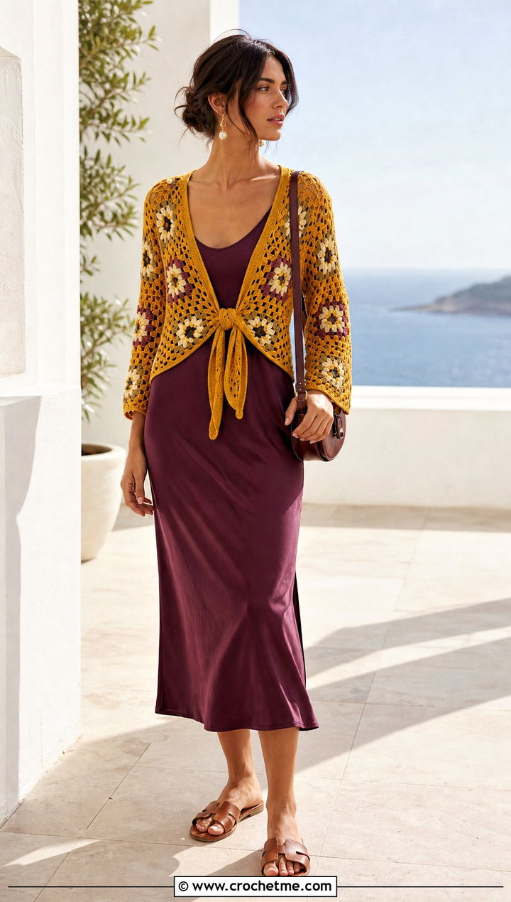 Tie Front Granny Square Top Over A Slip Dress - 35 granny square crochet top outfit ideas