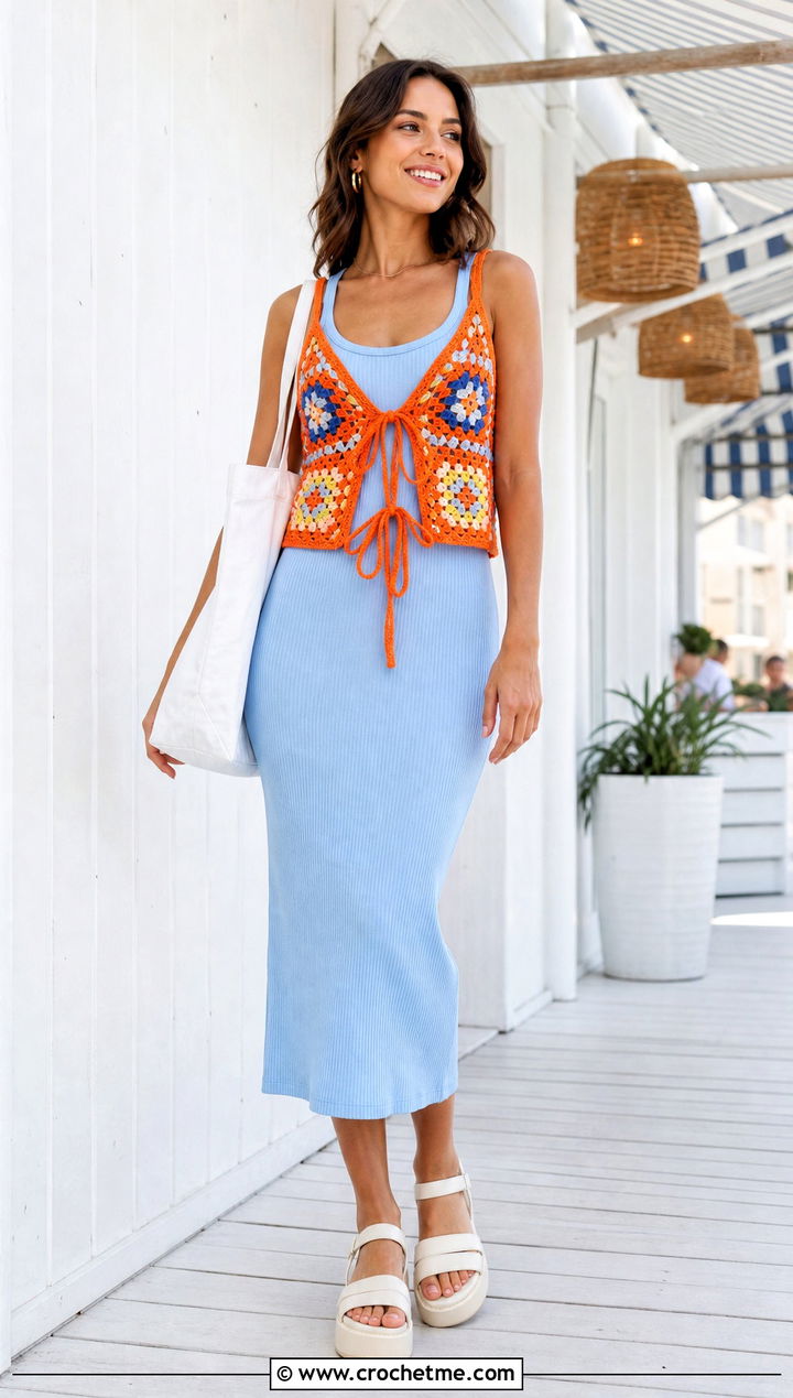 Tie Front Granny Square Top With Ribbed Midi Dress - 35 granny squares top outfit ideas