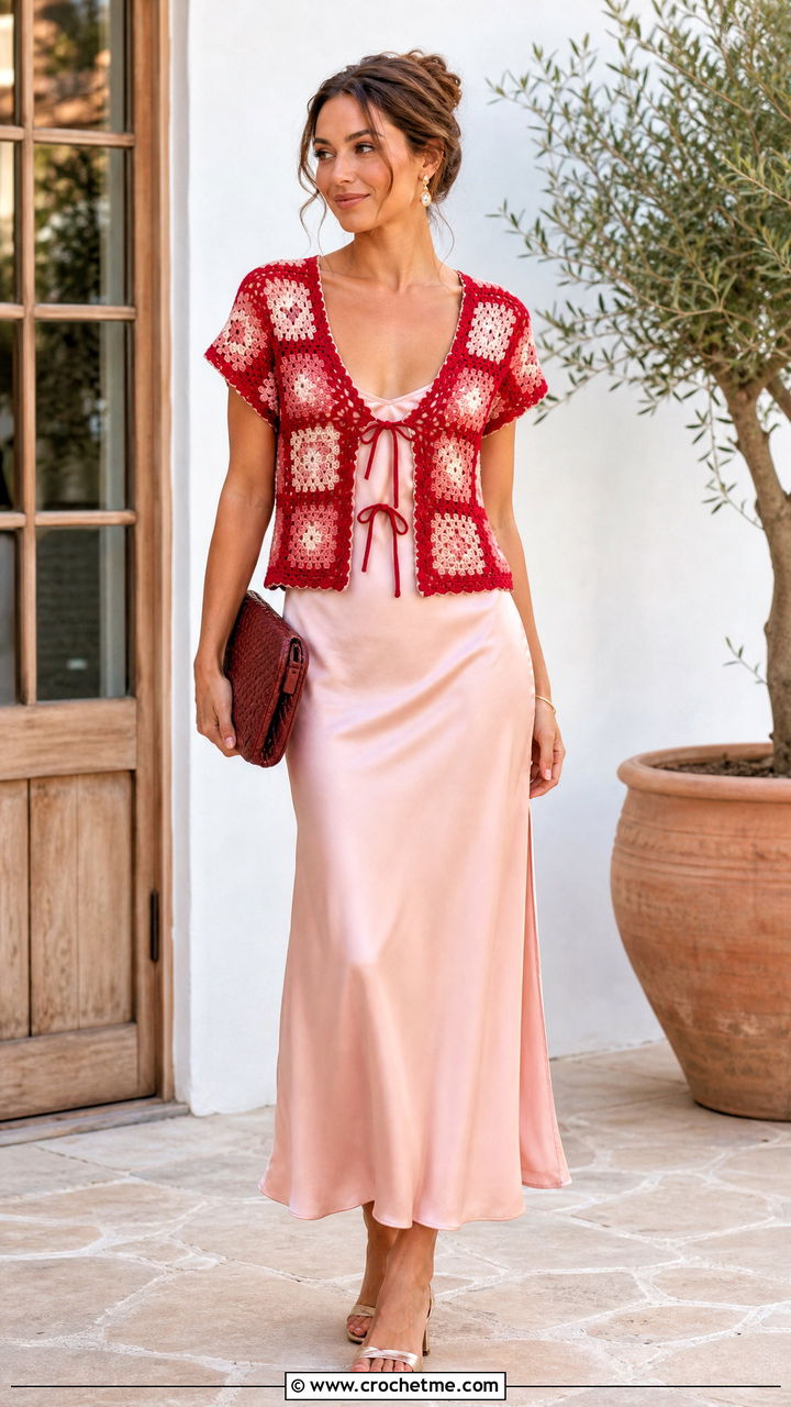 Tie Front Granny Square Top With Slip Dress - 35 crochet granny square top outfit ideas