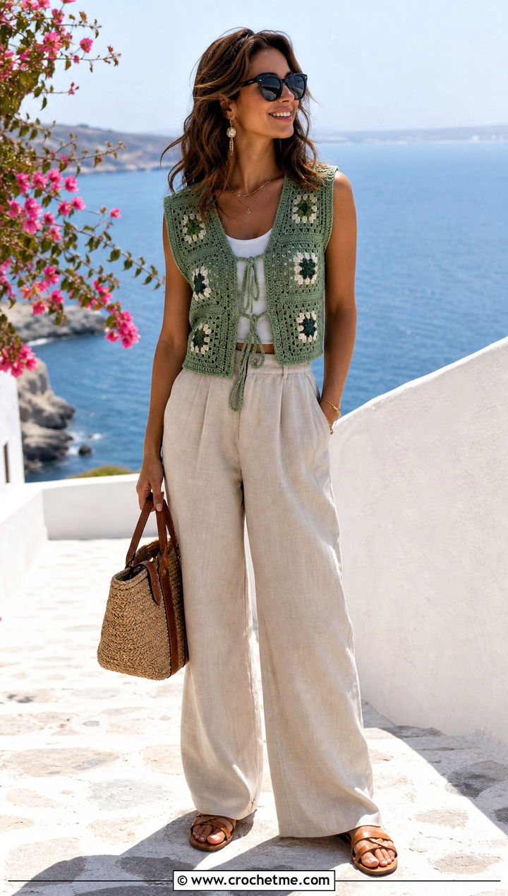 Tie Front Granny Square Waistcoat With Linen Pants - 25 crochet granny square waistcoat outfit ideas