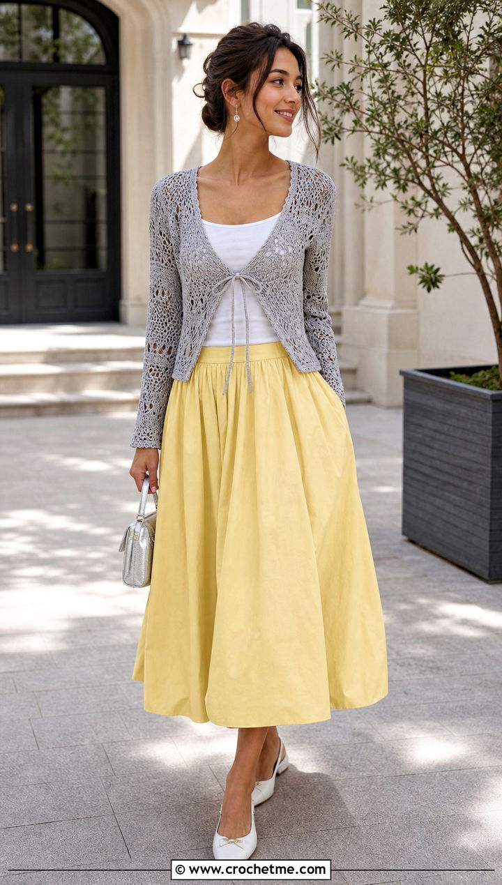 Tie Front Gray Crochet Cardigan With Poplin Midi Skirt - 15 Gray Crochet Cardigan outfit ideas