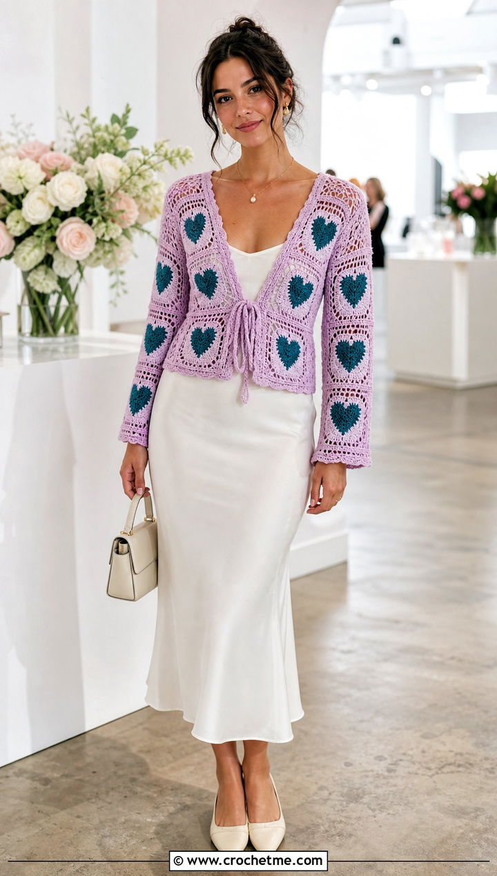 Tie Front Heart Granny Square Cardigan With Bias Cut Skirt - 35 Heart Granny Square Cardigan outfit ideas