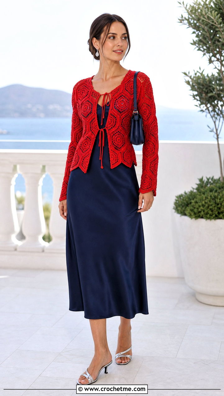 Tie Front Hexagon Cardigan With Slip Dress - 35 granny square hexagon cardigan outfit ideas