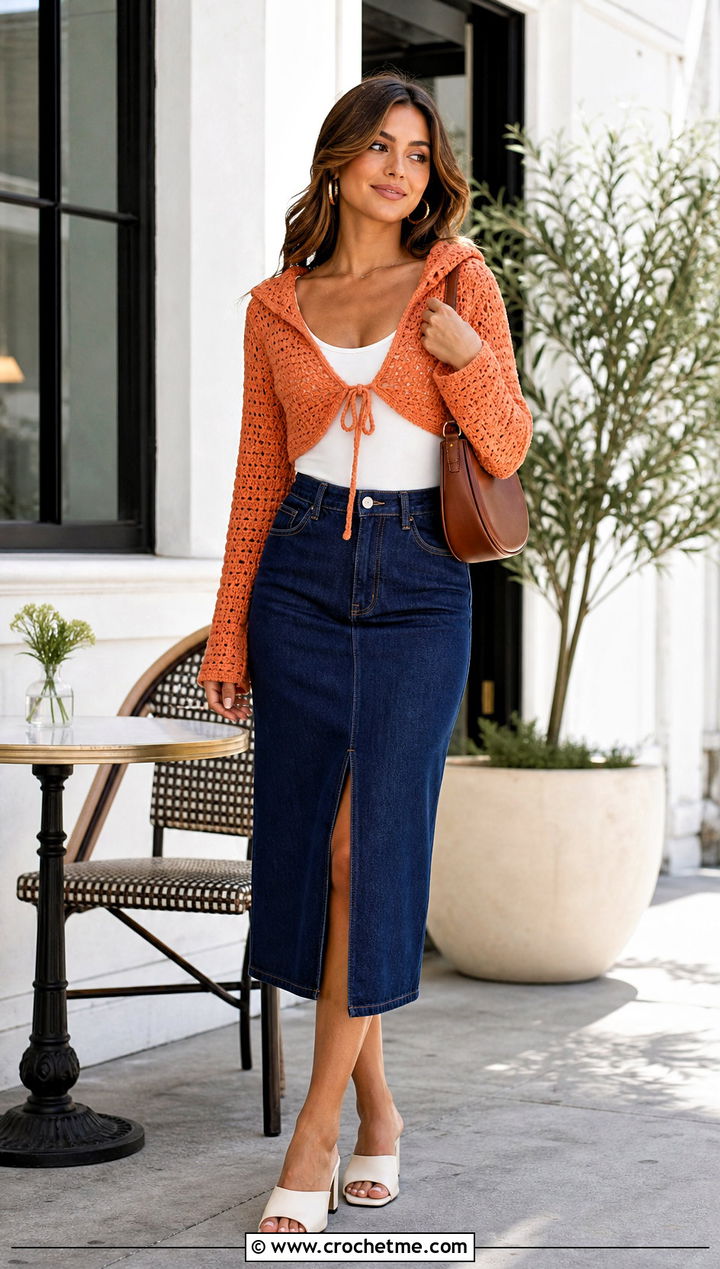 Tie Front Hooded Crochet Shrug With Denim Midi Skirt - 25 hooded crochet shrug outfit ideas