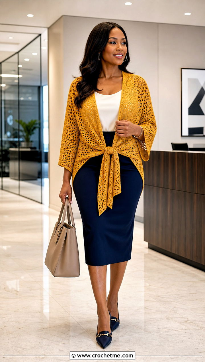 Tie Front Kimono Cardigan With Pencil Skirt - 25 kimono crochet cardigan outfit ideas