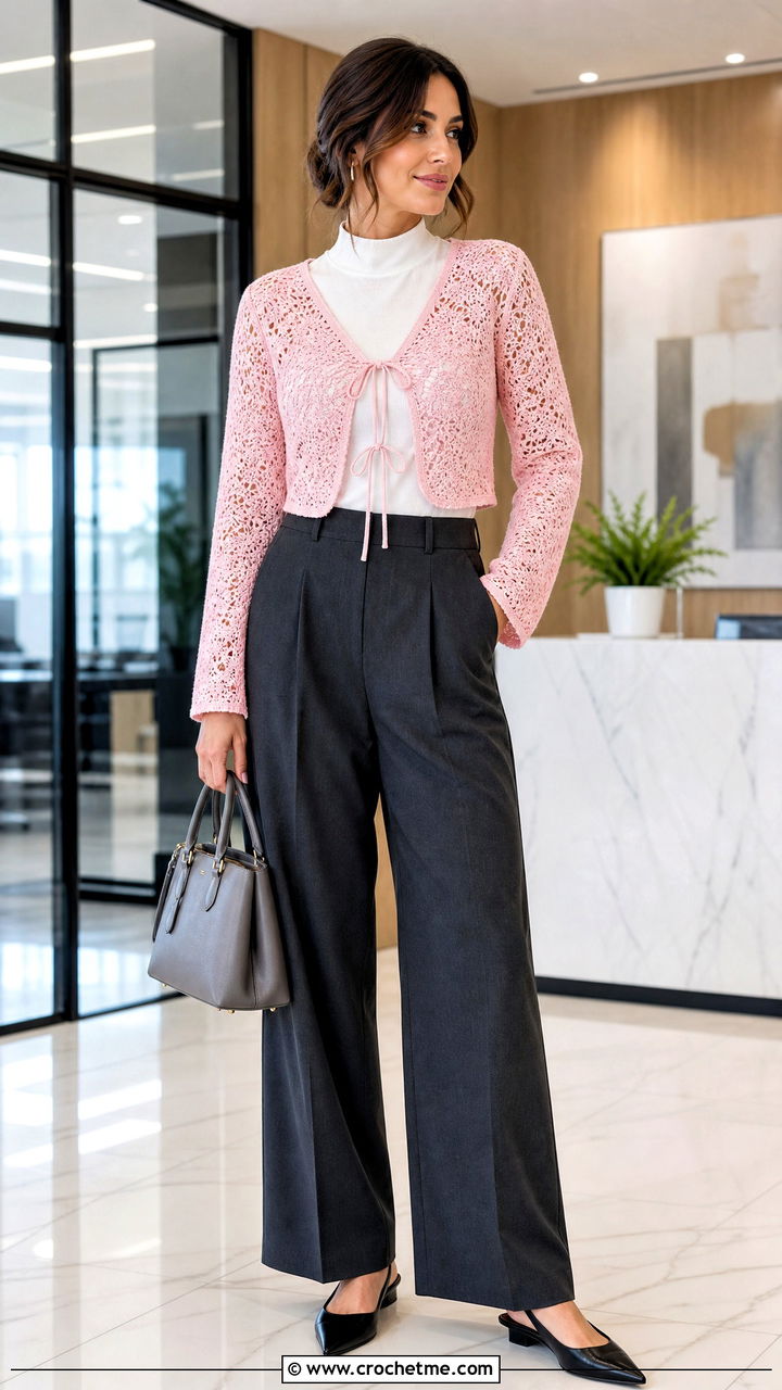 Tie Front Lace Crochet Bolero With Tailored Trousers - 35 crochet shrug bolero outfit ideas