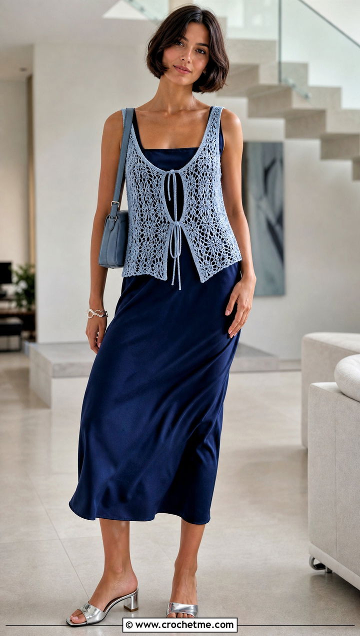 Tie Front Lacy Crochet Vest With a Slip Dress - 20 Lacy Crochet Vest outfit ideas