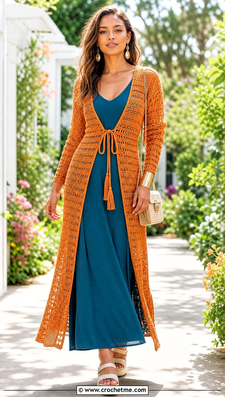 Tie Front Long Crochet Duster With Maxi Dress - 25 Long Crochet Duster outfit ideas