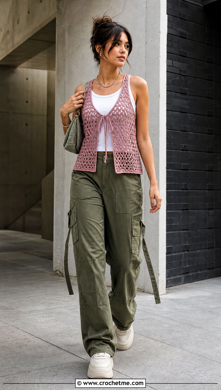Tie Front Mesh Crochet Vest With Cargo Pants - 35 crochet vest for women outfit ideas