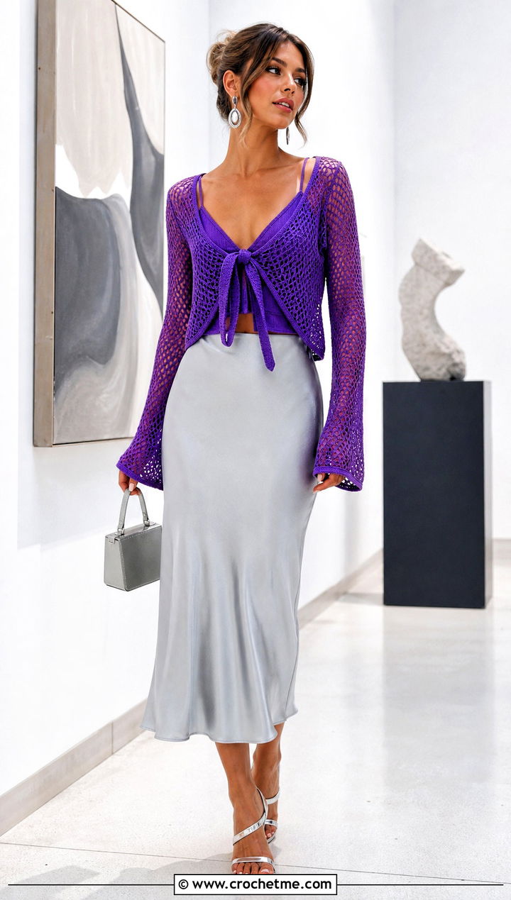 Tie Front Mesh Top With Satin Midi Skirt - 15 Crochet Long Sleeve Mesh Top outfit ideas