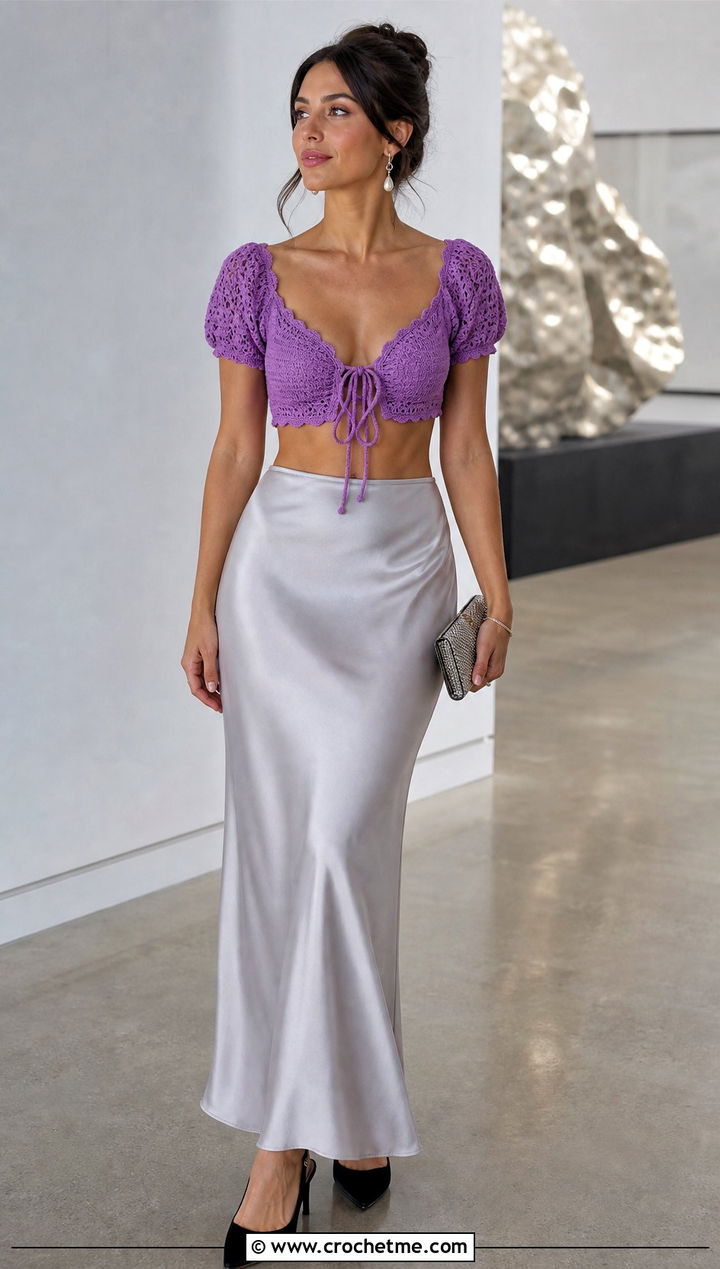 Tie Front Milkmaid Crochet Top With Satin Maxi Skirt - 25 milkmaid crochet top outfit ideas