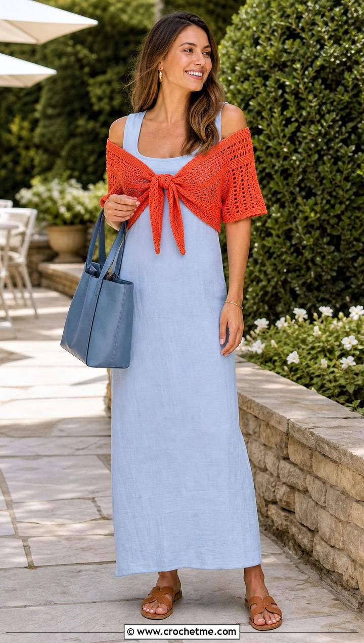 Tie Front Off Shoulder Crochet Top With Maxi Dress - 30 Off Shoulder Crochet Top outfit ideas