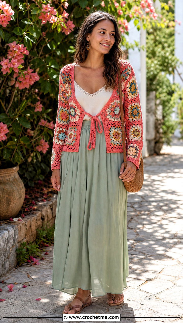 Tie Front Pentagon Granny Square Cardigan With Maxi Skirt - 25 Pentagon Granny Square Cardigan outfit ideas